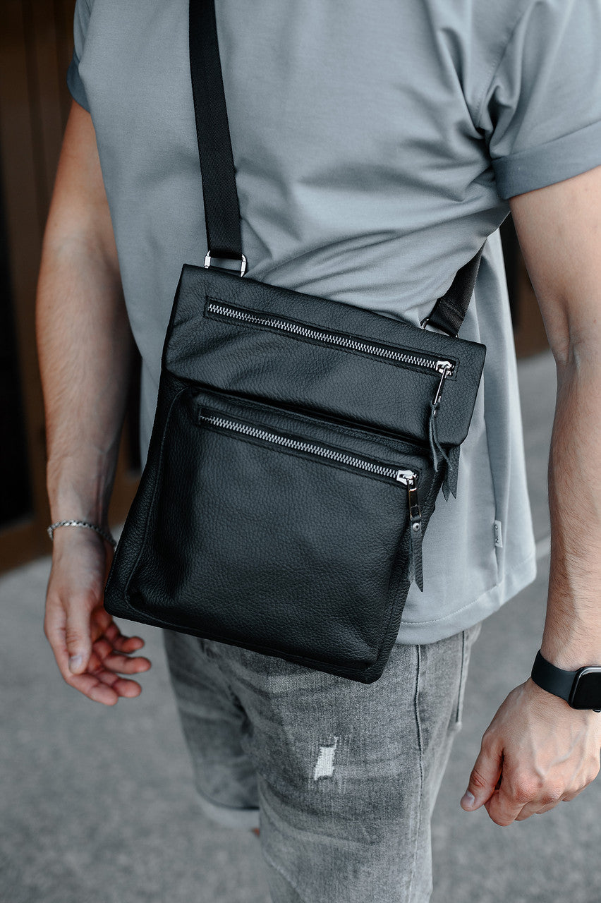 Handmade Mens Messenger Bag Genuine Leather Black Crossbody