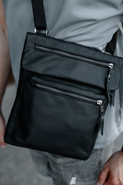 Handmade Mens Messenger Bag Genuine Leather Black Crossbody