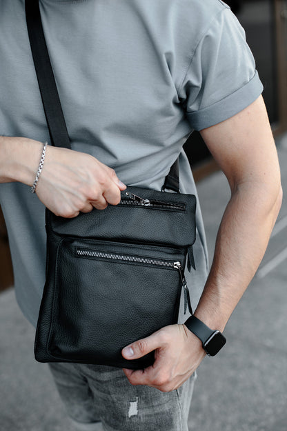 Handmade Mens Messenger Bag Genuine Leather Black Crossbody