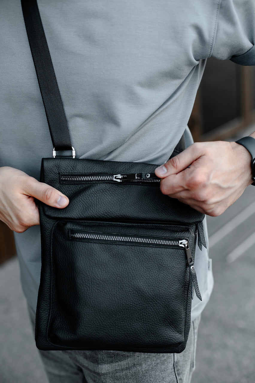 Handmade Mens Messenger Bag Genuine Leather Black Crossbody