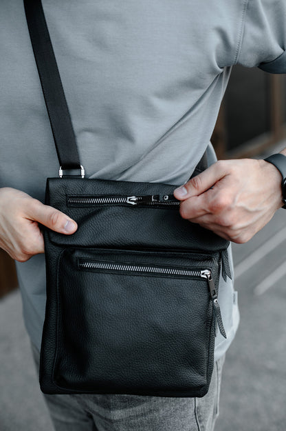Handmade Mens Messenger Bag Genuine Leather Black Crossbody