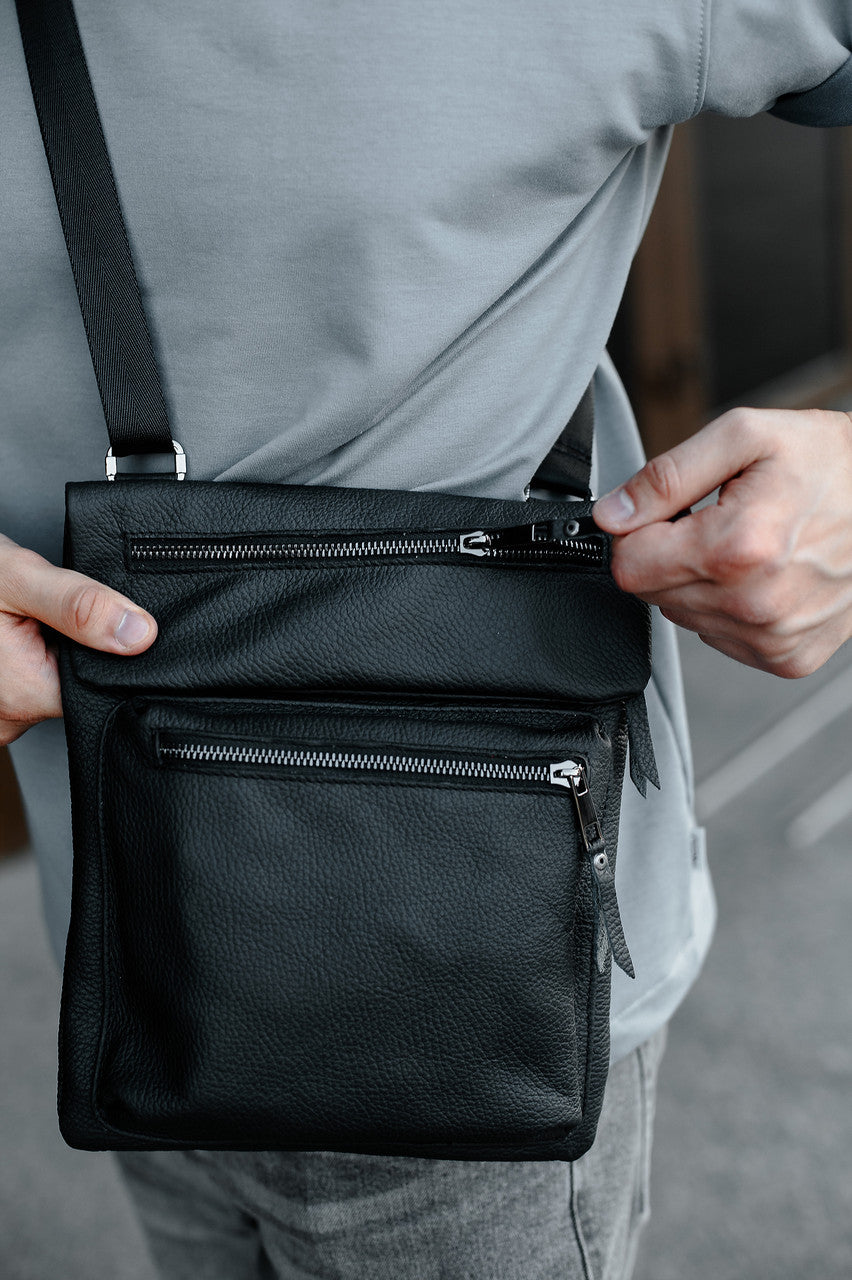 Handmade Mens Messenger Bag Genuine Leather Black Crossbody