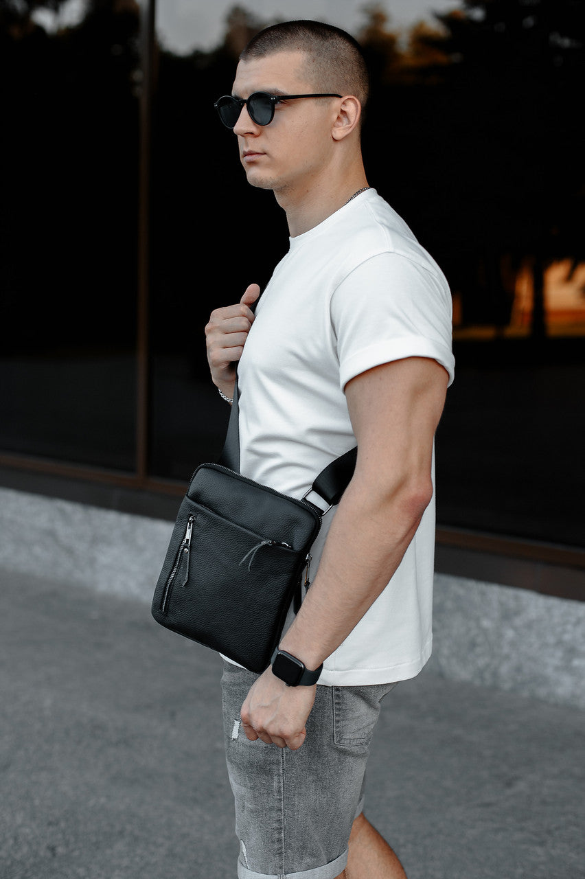Handmade Mens Black Genuine Leather Messenger Bag Crossbody Business Bag