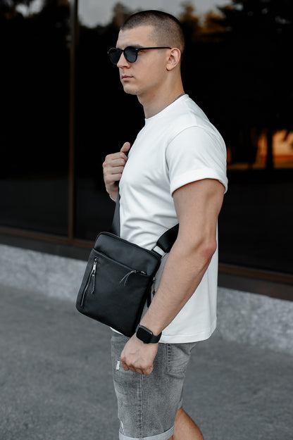 Handmade Mens Black Genuine Leather Messenger Bag Crossbody Business Bag