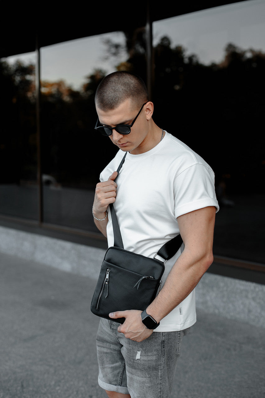 Handmade Mens Black Genuine Leather Messenger Bag Crossbody Business Bag