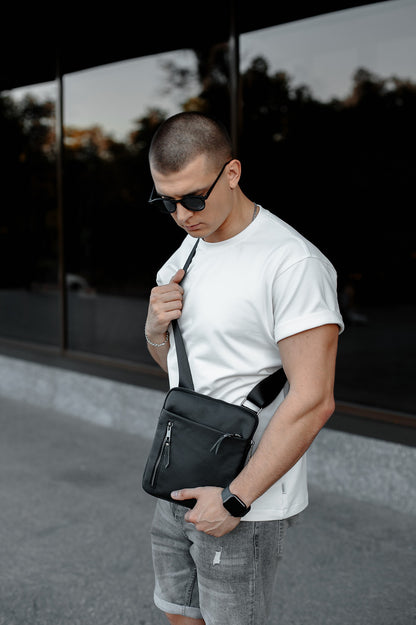 Handmade Mens Black Genuine Leather Messenger Bag Crossbody Business Bag