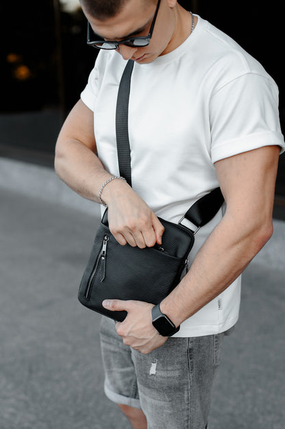 Handmade Mens Black Genuine Leather Messenger Bag Crossbody Business Bag