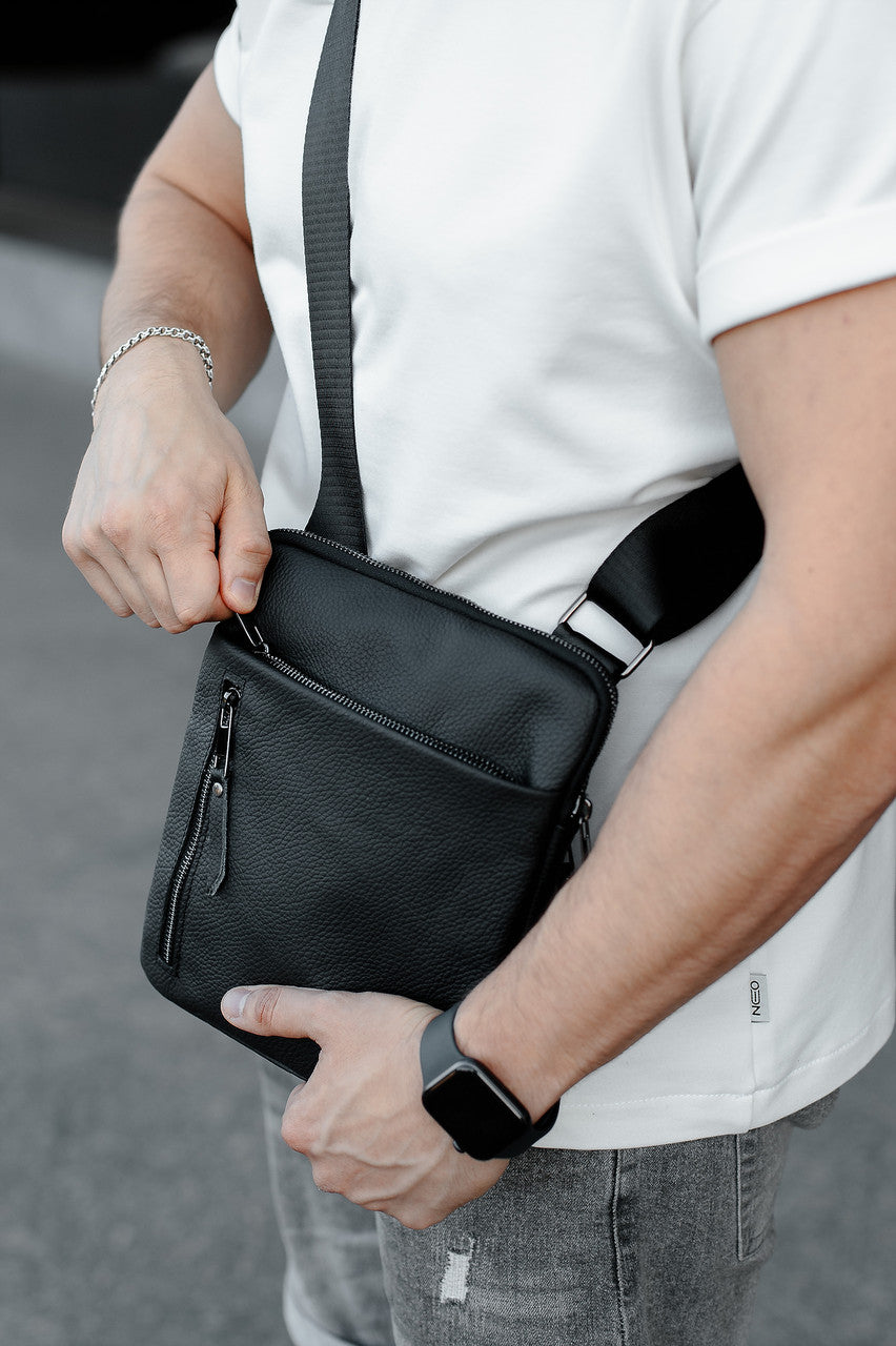 Handmade Mens Black Genuine Leather Messenger Bag Crossbody Business Bag