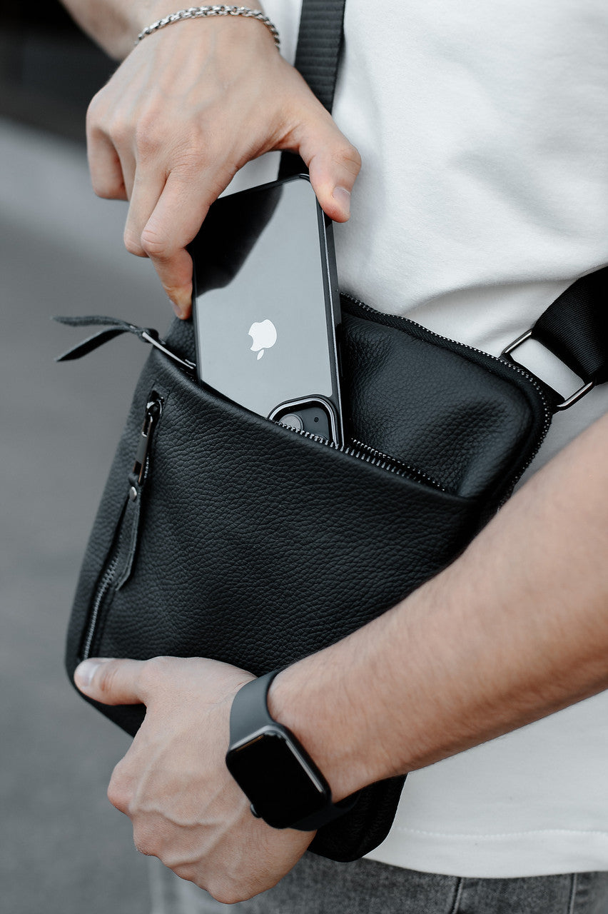 Handmade Mens Black Genuine Leather Messenger Bag Crossbody Business Bag