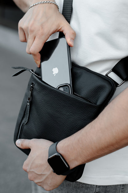 Handmade Mens Black Genuine Leather Messenger Bag Crossbody Business Bag