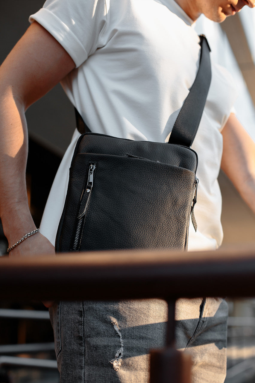 Handmade Mens Black Genuine Leather Messenger Bag Crossbody Business Bag
