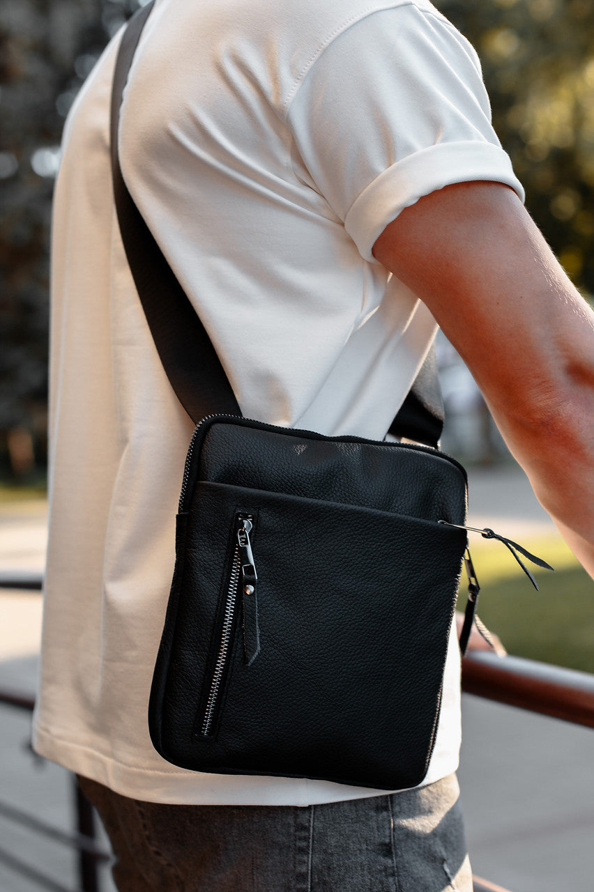 Handmade Mens Black Genuine Leather Messenger Bag Crossbody Business Bag