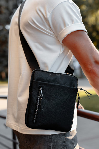 Handmade Mens Black Genuine Leather Messenger Bag Crossbody Business Bag