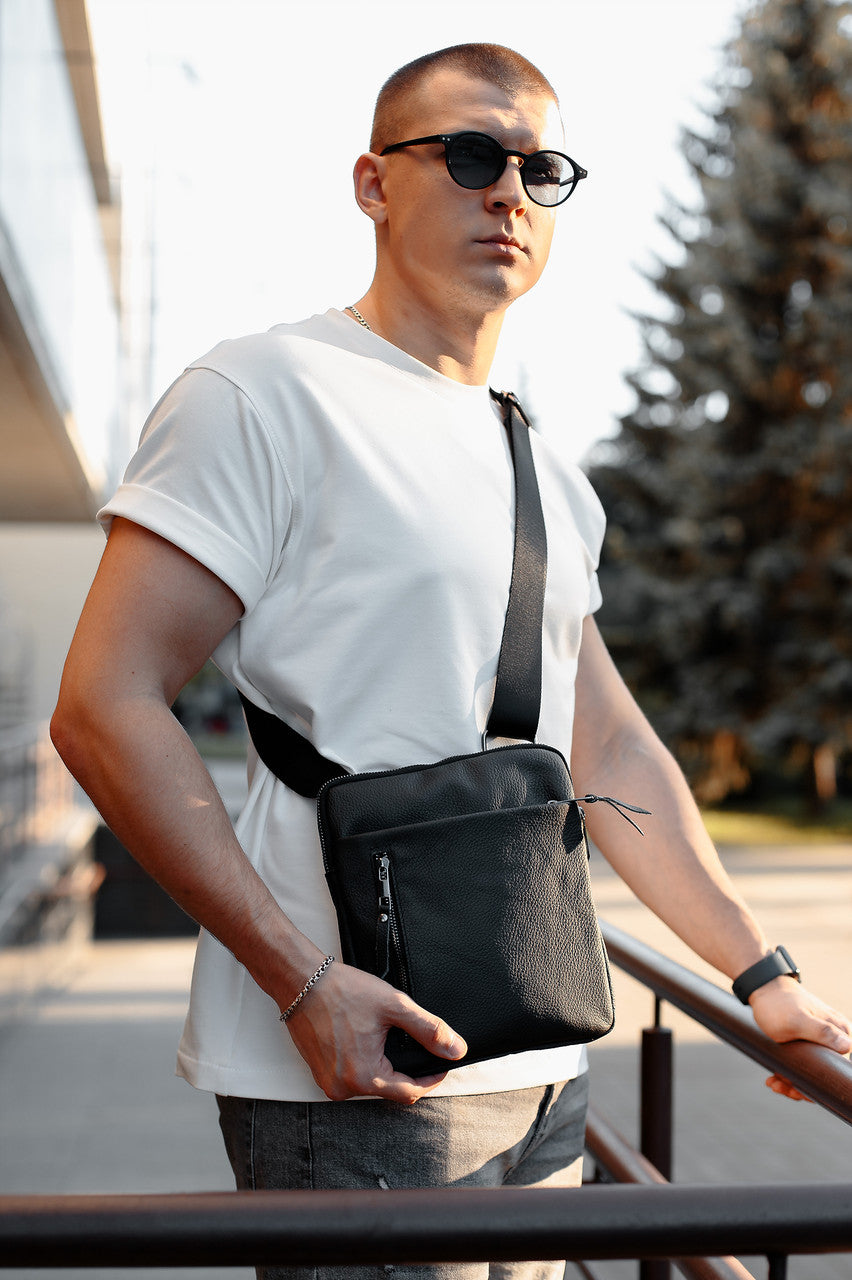 Handmade Mens Black Genuine Leather Messenger Bag Crossbody Business Bag