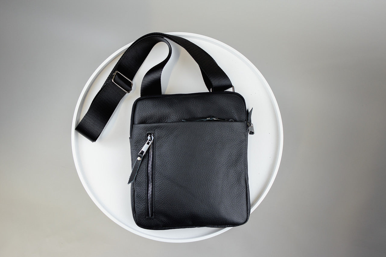 Mens Handmade Leather Crossbody Bag Black Messenger Shoulder Bag