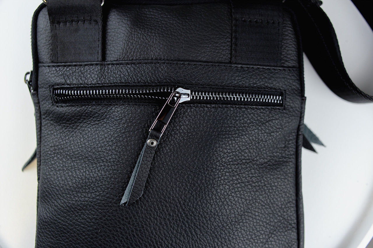 Mens Handmade Leather Crossbody Bag Black Messenger Shoulder Bag