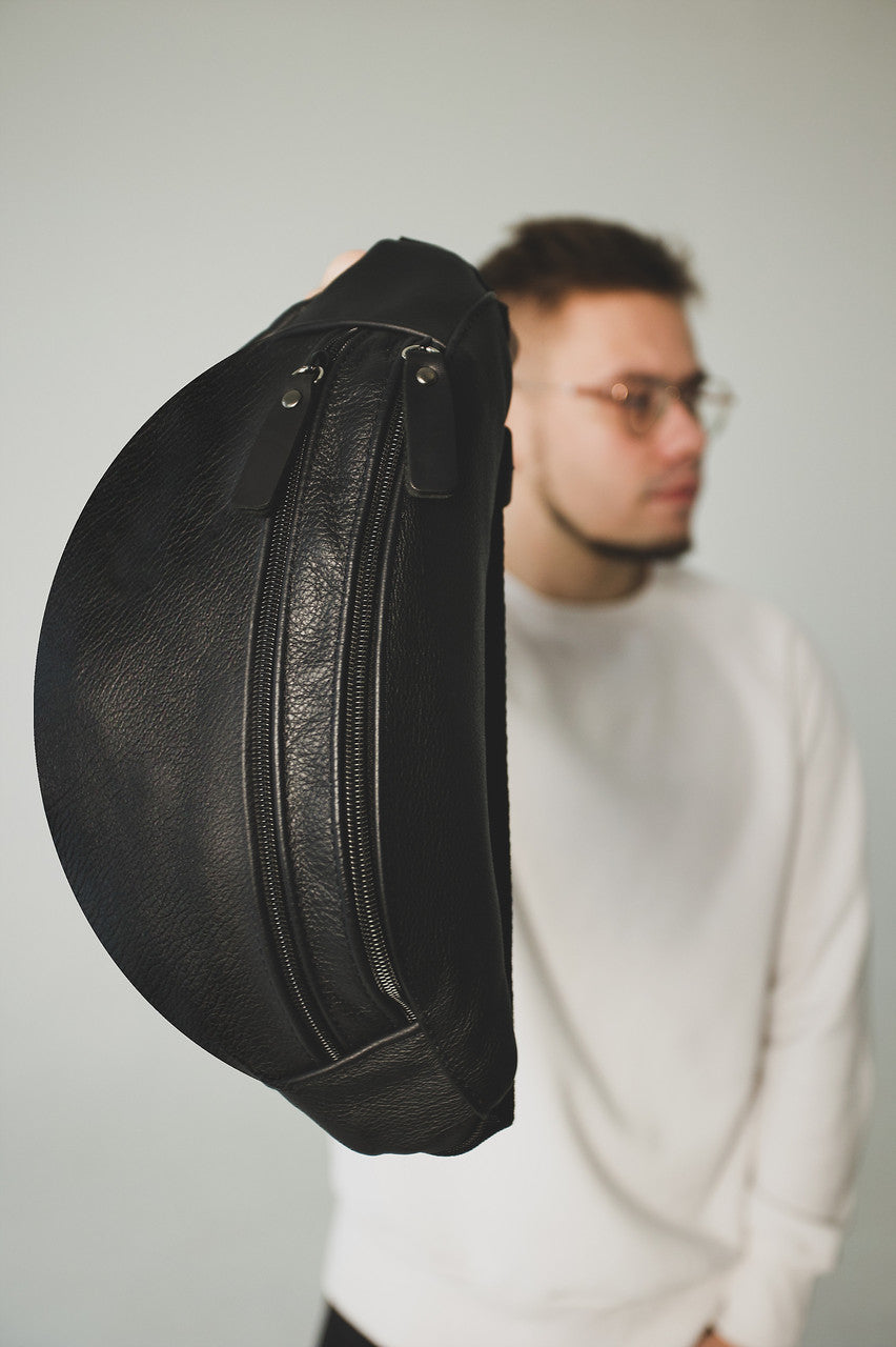 Mens genuine leather waist bag handmade gift for him black