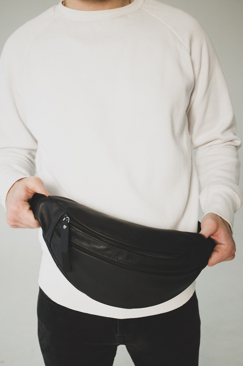 Mens genuine leather waist bag handmade gift for him black