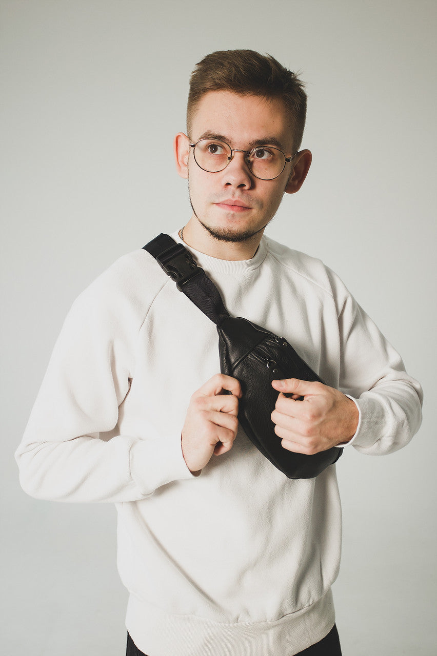 Mens genuine leather waist bag handmade gift for him black