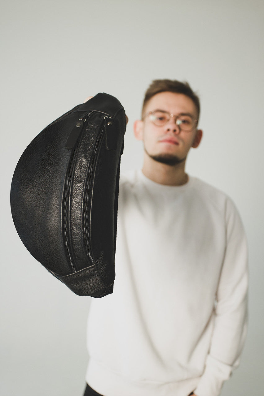 Mens genuine leather waist bag handmade gift for him black