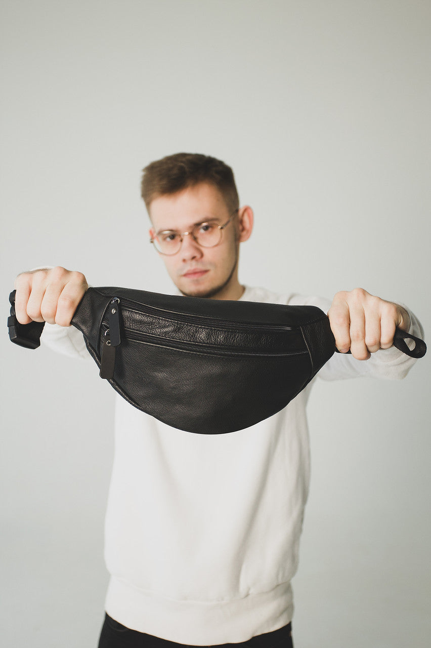Mens genuine leather waist bag handmade gift for him black