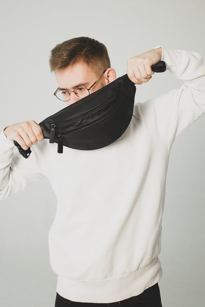 Mens genuine leather waist bag handmade gift for him black