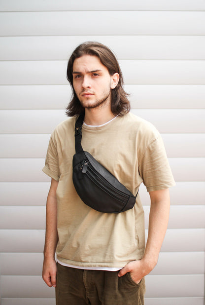Handmade Mens Black Genuine Leather Banana Bag Waist Bag Gift for Him