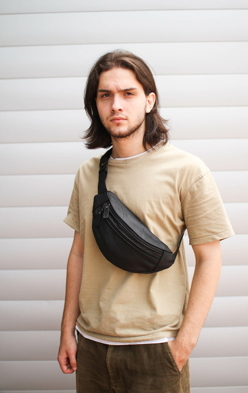 Handmade Mens Black Genuine Leather Banana Bag Waist Bag Gift for Him