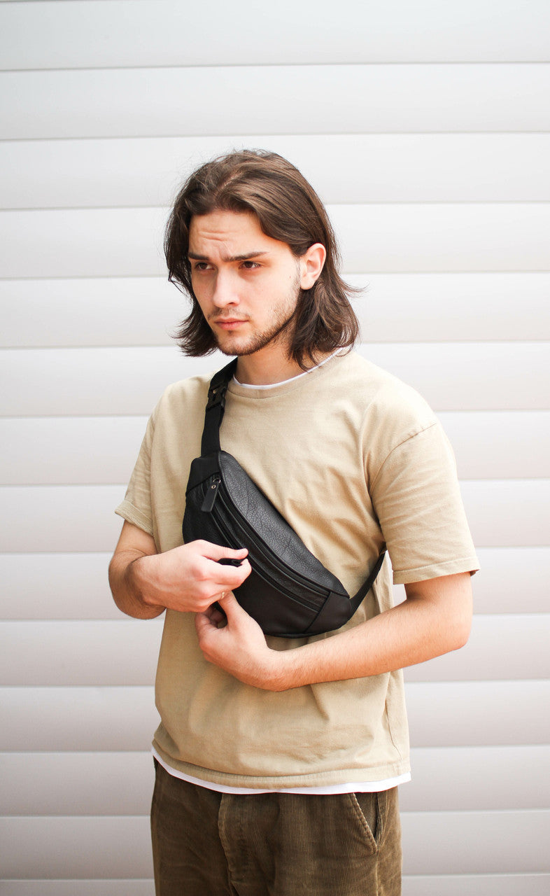Handmade Mens Black Genuine Leather Banana Bag Waist Bag Gift for Him