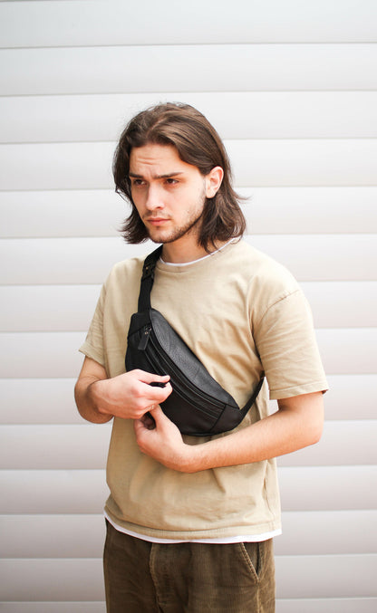 Handmade Mens Black Genuine Leather Banana Bag Waist Bag Gift for Him