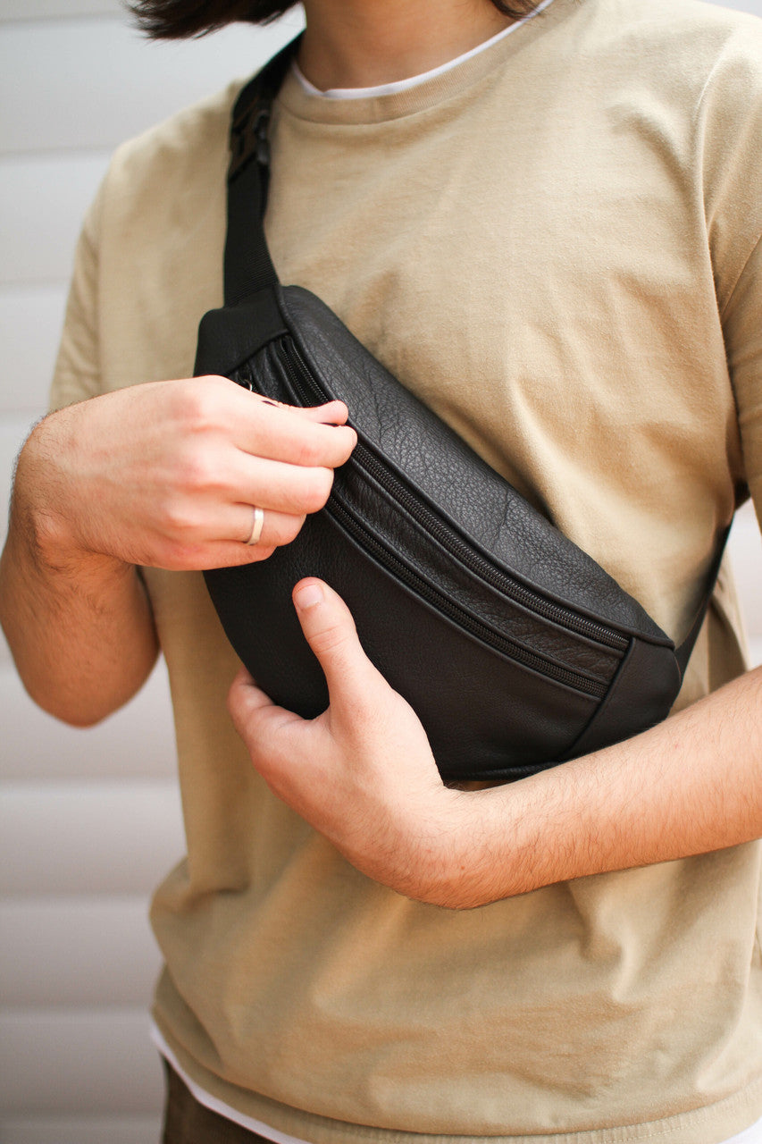 Handmade Mens Black Genuine Leather Banana Bag Waist Bag Gift for Him