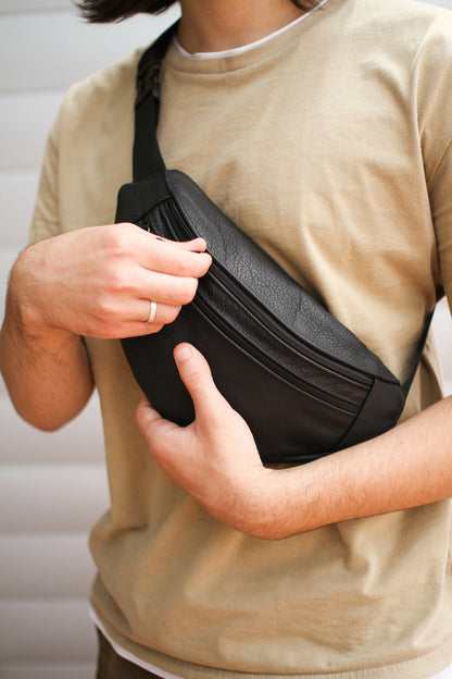 Handmade Mens Black Genuine Leather Banana Bag Waist Bag Gift for Him