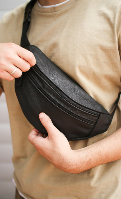Handmade Mens Black Genuine Leather Banana Bag Waist Bag Gift for Him