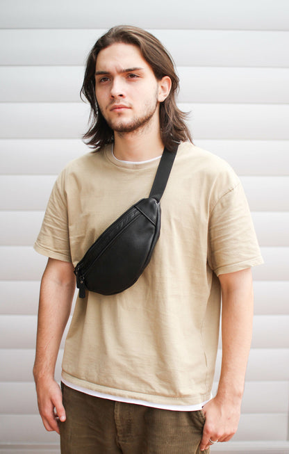 Handmade Mens Black Genuine Leather Banana Bag Waist Bag Gift for Him