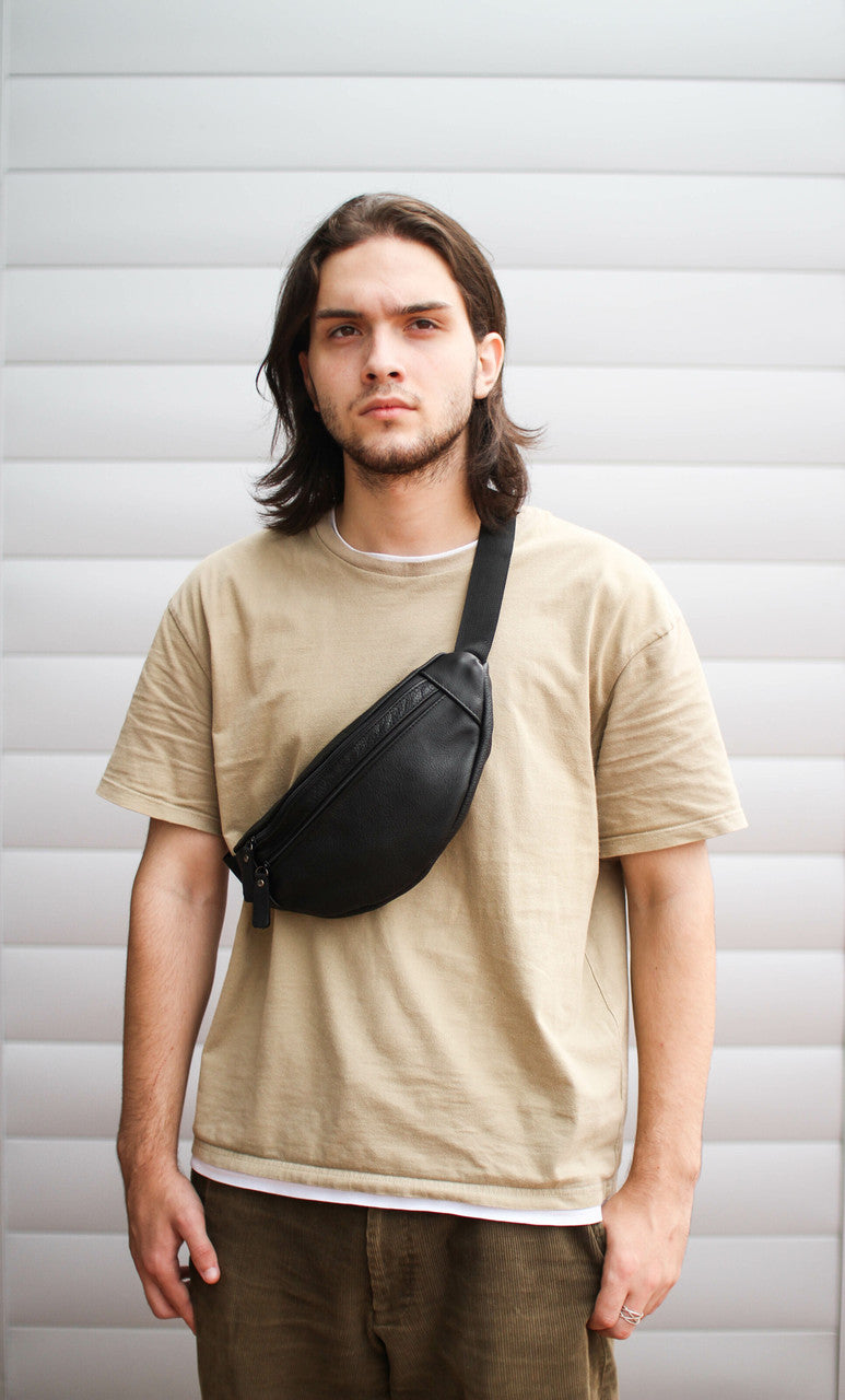 Handmade Mens Black Genuine Leather Banana Bag Waist Bag Gift for Him