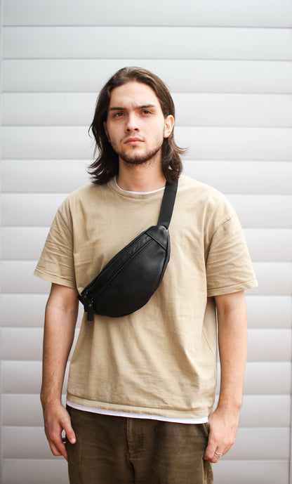 Handmade Mens Black Genuine Leather Banana Bag Waist Bag Gift for Him