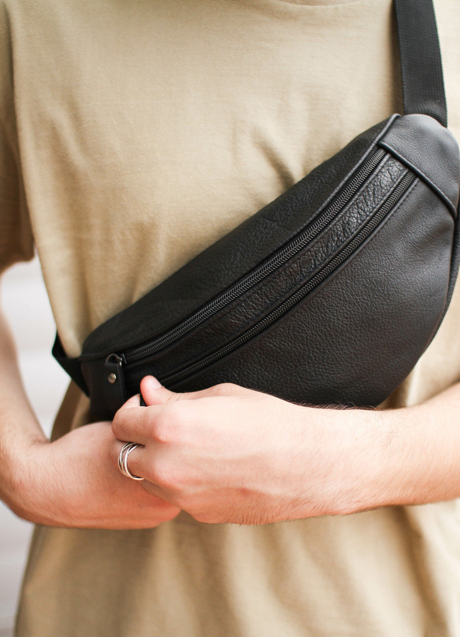 Handmade Mens Black Genuine Leather Banana Bag Waist Bag Gift for Him