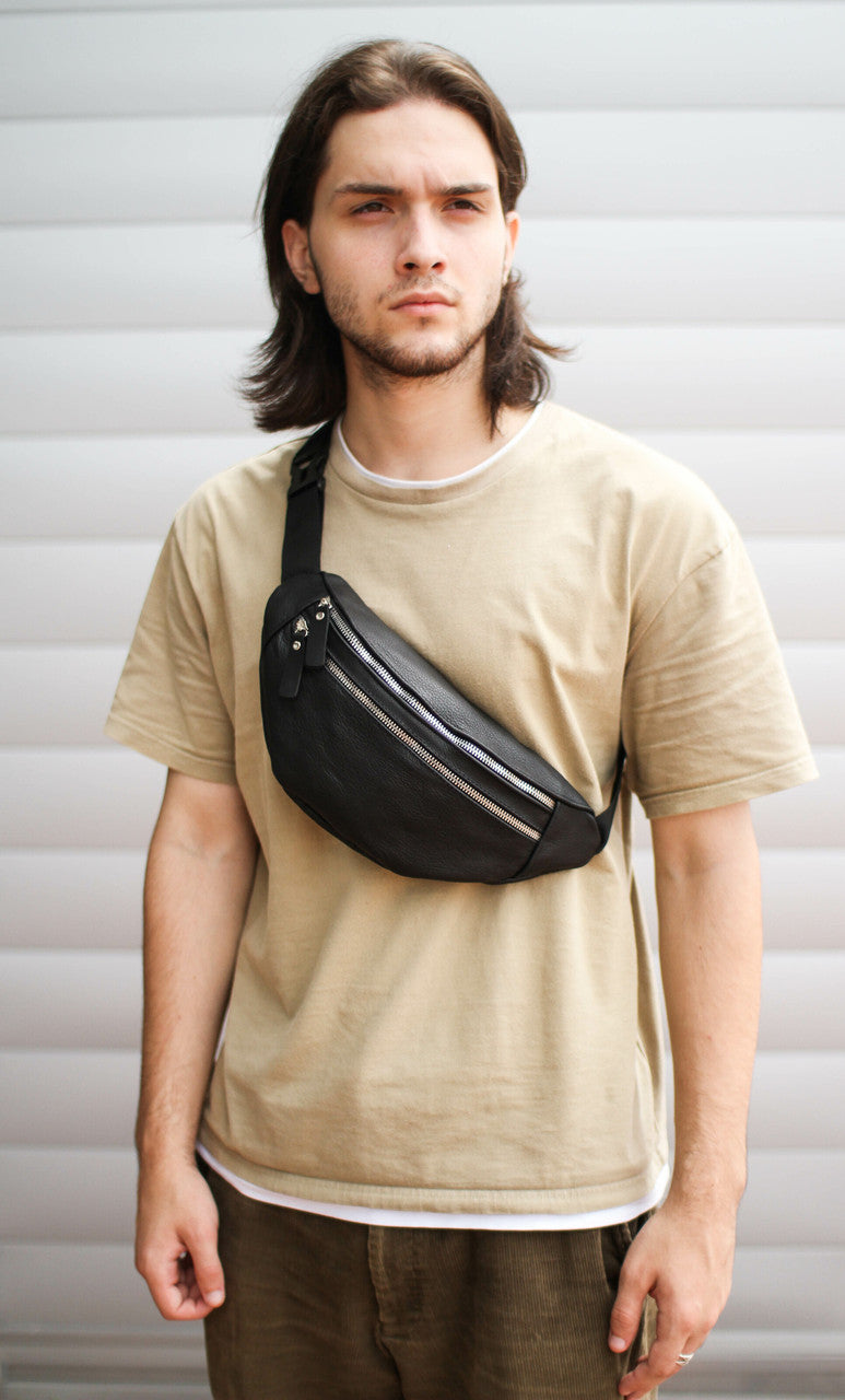 Handmade Mens Black Genuine Leather Fanny Pack Waist Bag Gift For Him