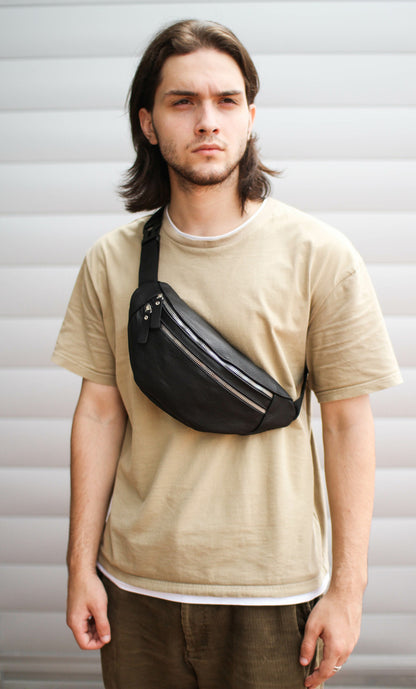 Handmade Mens Black Genuine Leather Fanny Pack Waist Bag Gift For Him