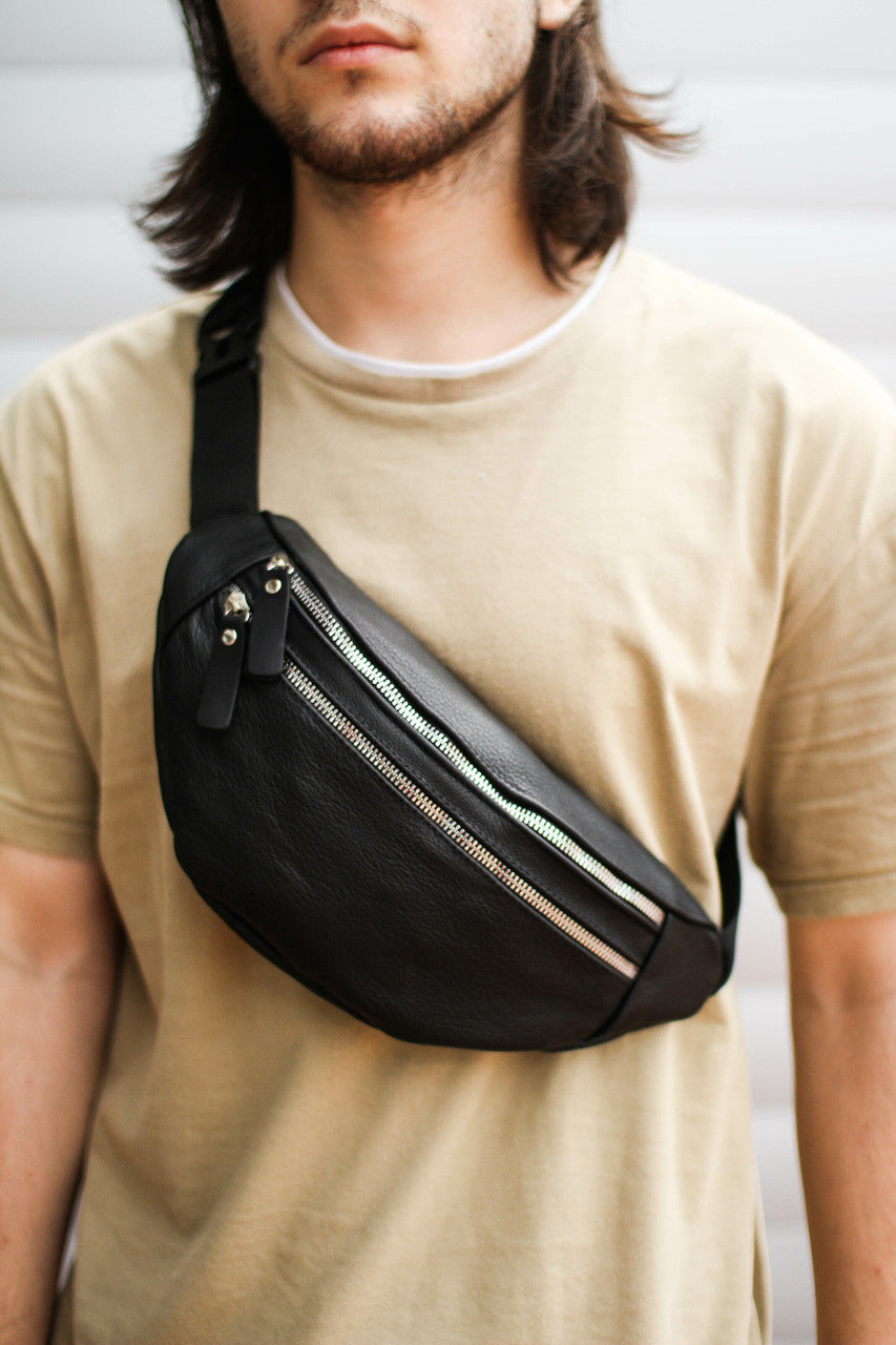 Handmade Mens Black Genuine Leather Fanny Pack Waist Bag Gift For Him