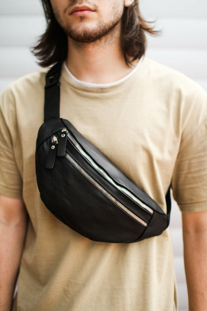Handmade Mens Black Genuine Leather Fanny Pack Waist Bag Gift For Him