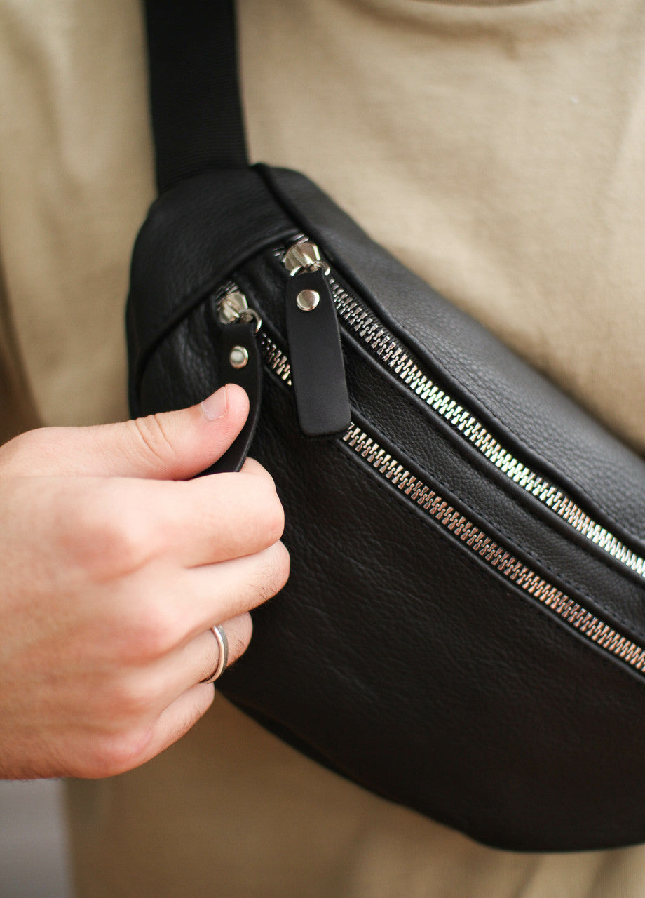 Handmade Mens Black Genuine Leather Fanny Pack Waist Bag Gift For Him
