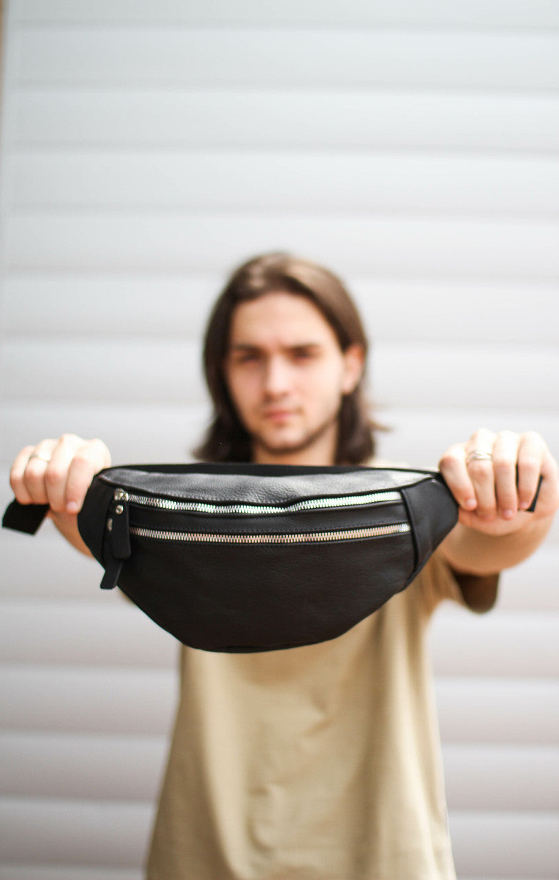 Handmade Mens Black Genuine Leather Fanny Pack Waist Bag Gift For Him