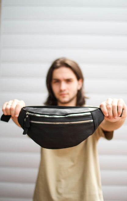 Handmade Mens Black Genuine Leather Fanny Pack Waist Bag Gift For Him