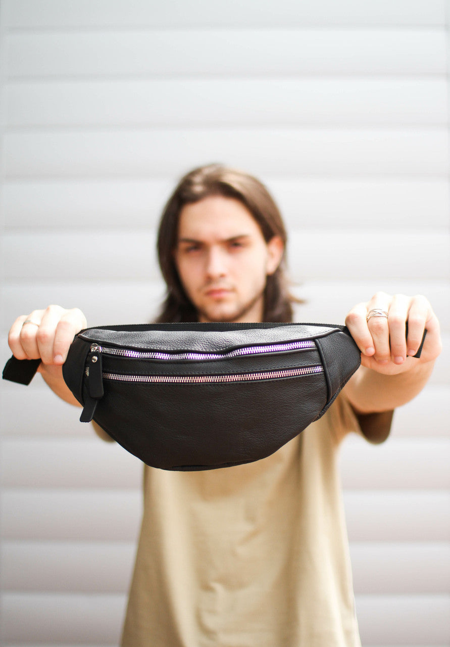 Handmade Mens Black Genuine Leather Fanny Pack Waist Bag Gift For Him