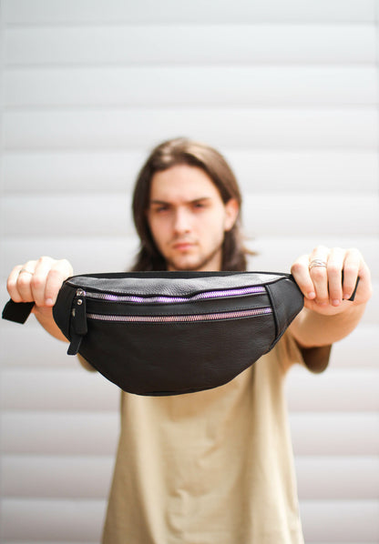 Handmade Mens Black Genuine Leather Fanny Pack Waist Bag Gift For Him