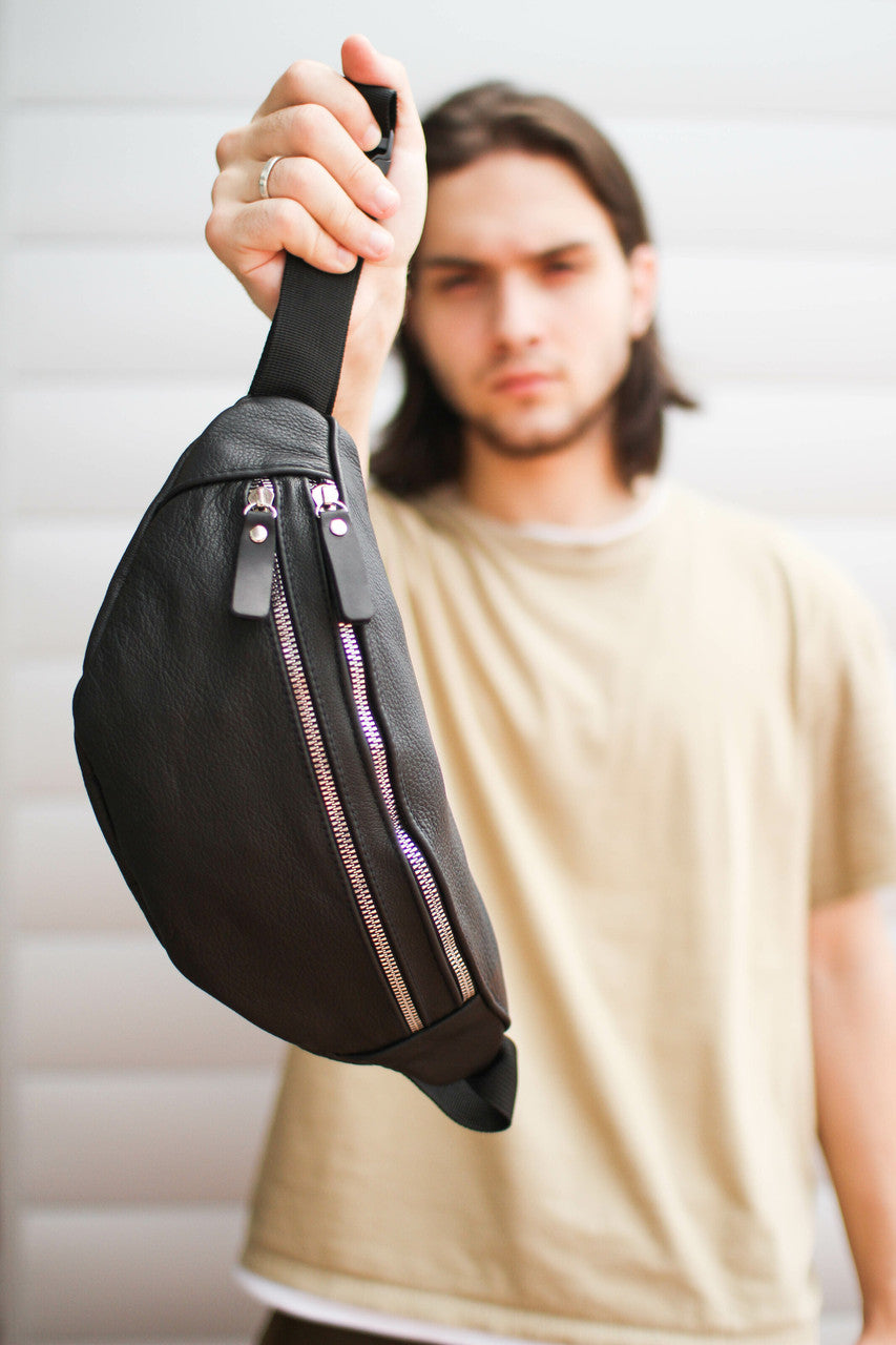 Handmade Mens Black Genuine Leather Fanny Pack Waist Bag Gift For Him