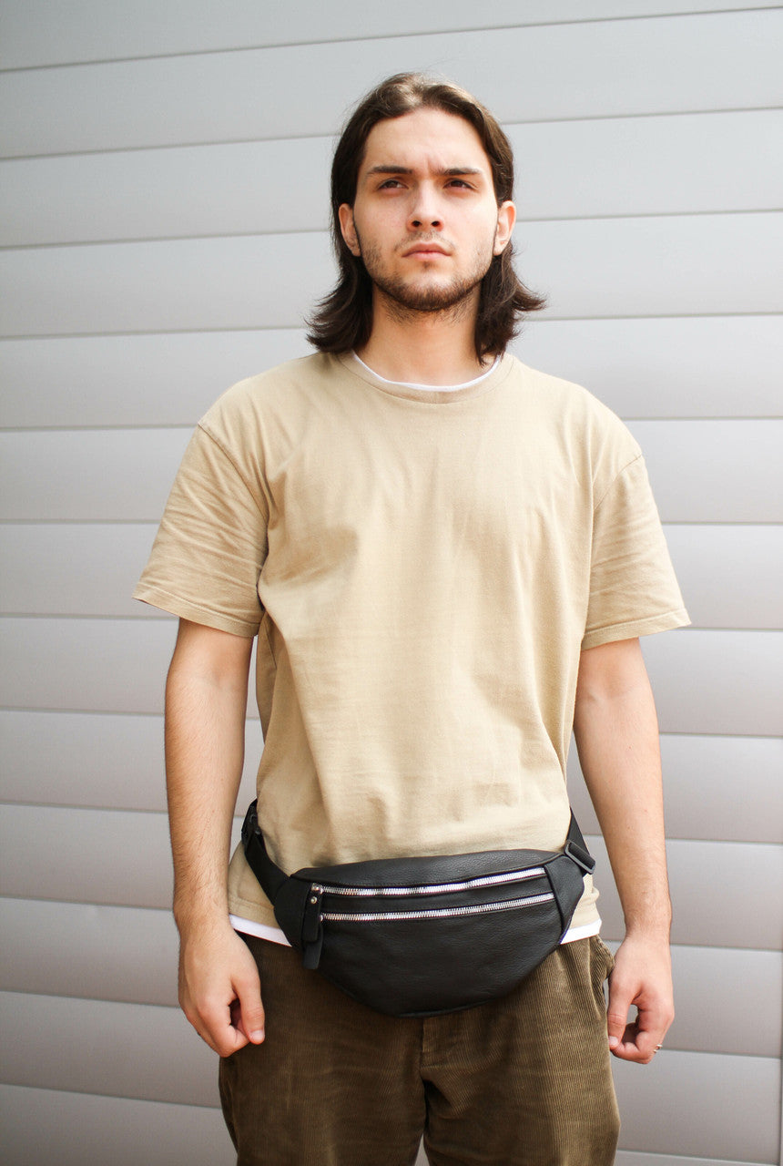 Handmade Mens Black Genuine Leather Fanny Pack Waist Bag Gift For Him