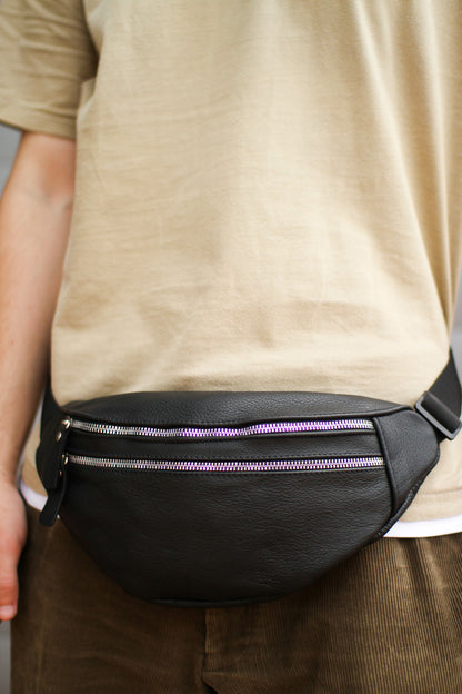 Handmade Mens Black Genuine Leather Fanny Pack Waist Bag Gift For Him