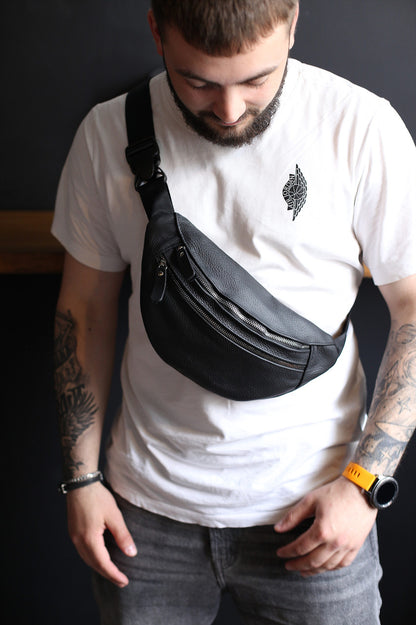 Handmade Mens Black Leather Waist Bag Gift For Him